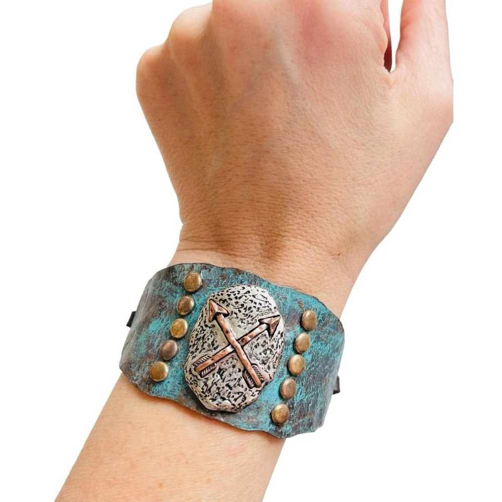 Mixed Metal Patina Oxidized Cuff Bracelet Adjustable Leather Pulls Arrows Design